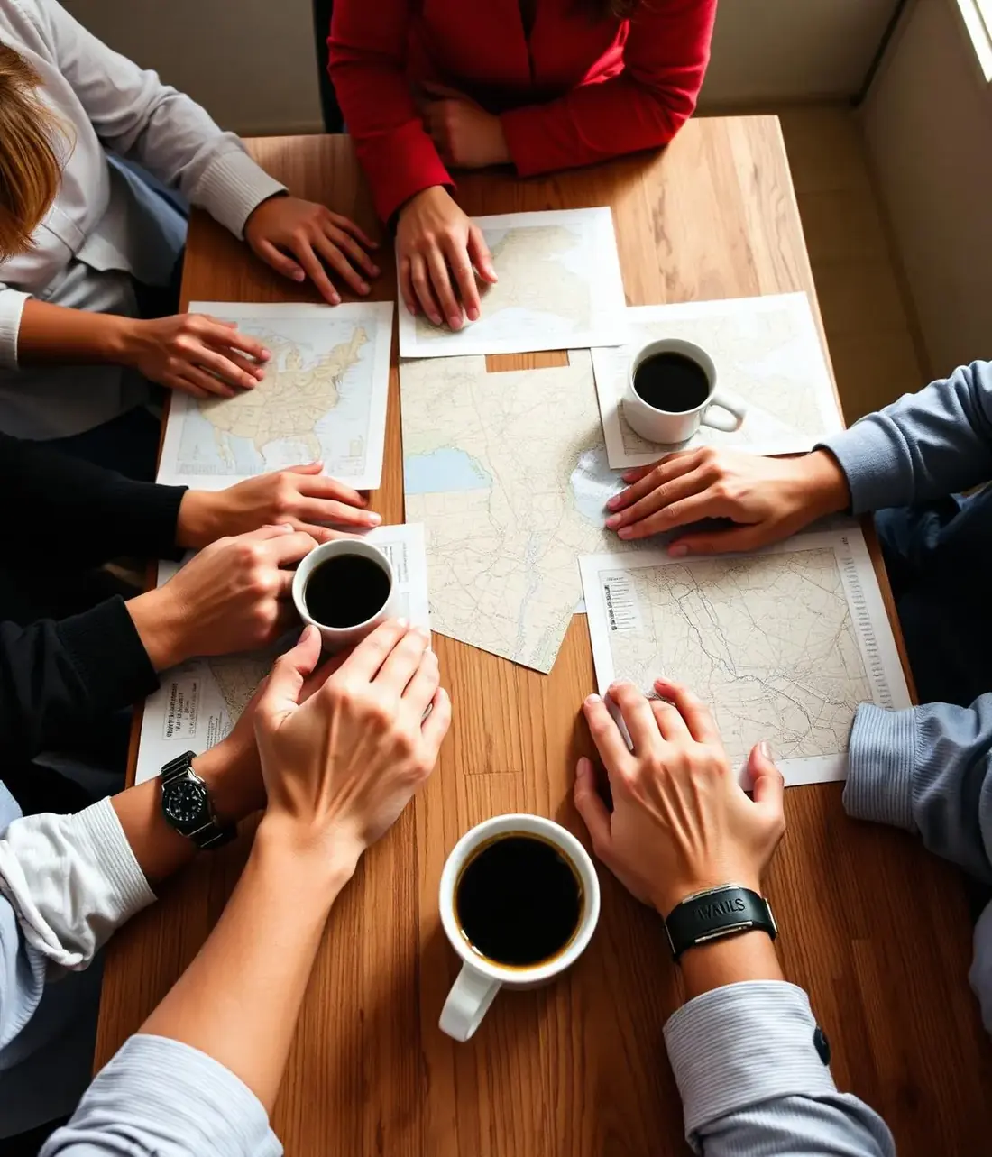 Personas reunidas alrededor de una mesa con mapas, planificando un viaje juntas