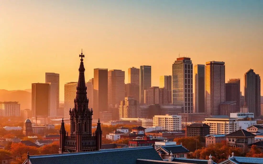 Vista de Seúl al atardecer con la aguja de una catedral en primer plano