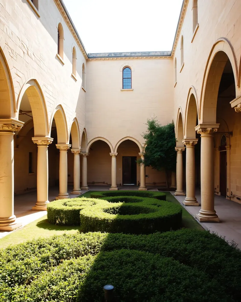 Claustro monástico de piedra con arcos y jardín interior en silencio