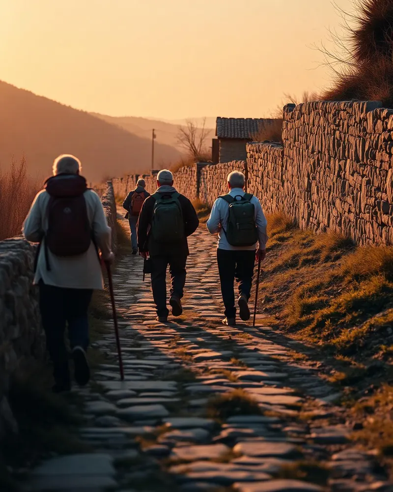 Grupo de peregrinos caminando por un sendero empedrado a la luz del atardecer