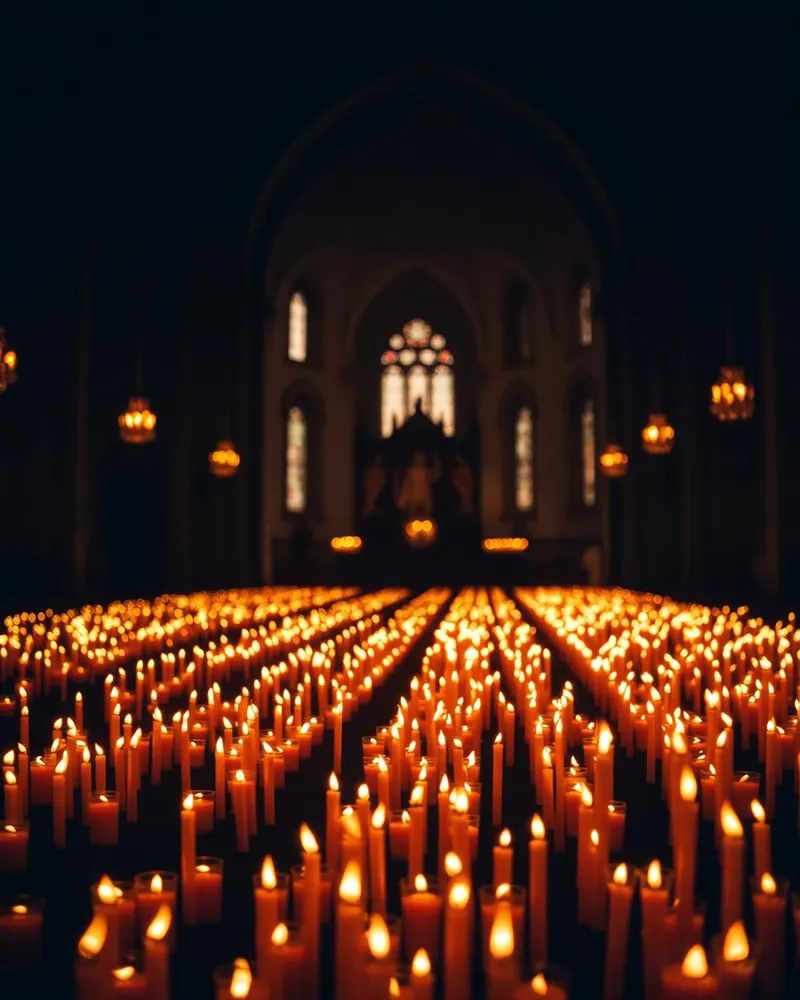 Velas encendidas por los peregrinos en el interior de un santuario mariano