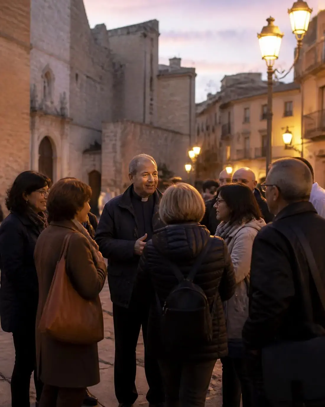 Comunidad parroquial reunida al atardecer en una plaza histórica