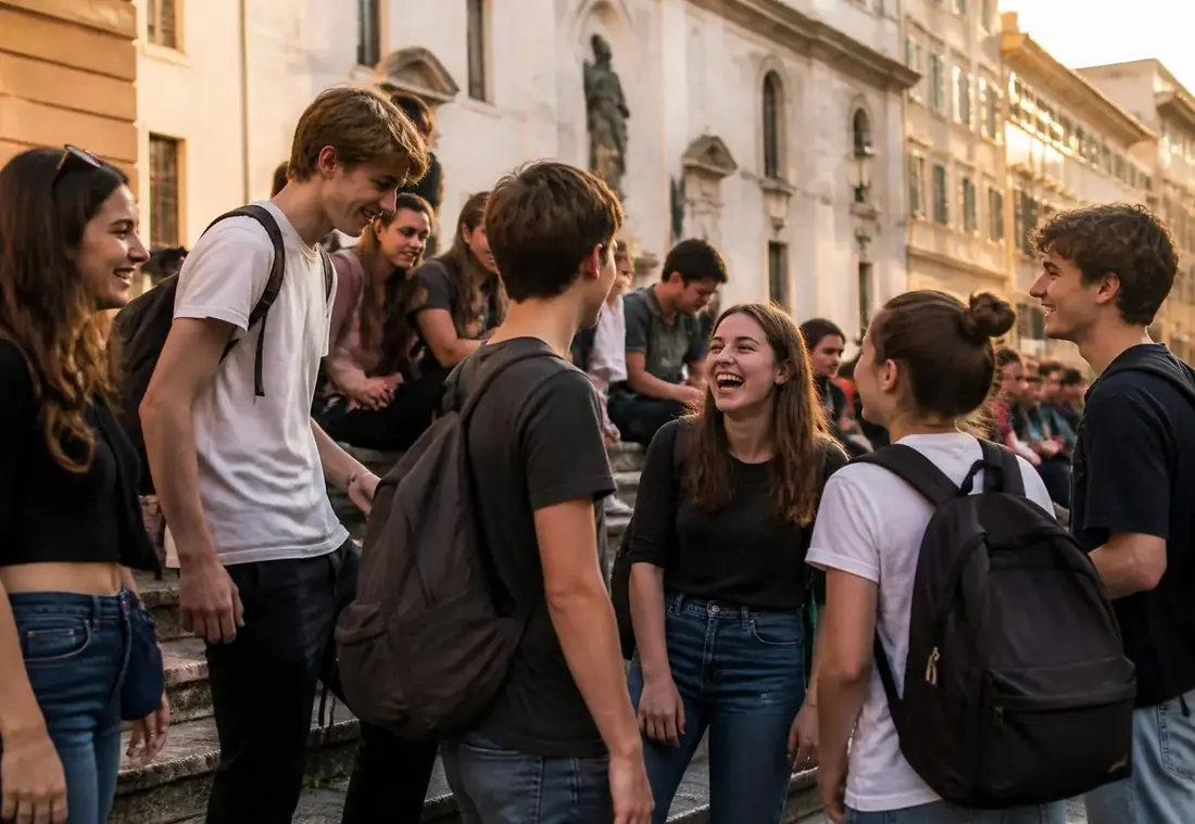 Grupo de jóvenes conversando en las escaleras de una ciudad europea al atardecer