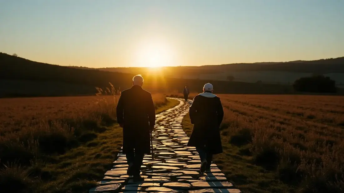 Peregrinos caminando por un sendero de piedra al atardecer
