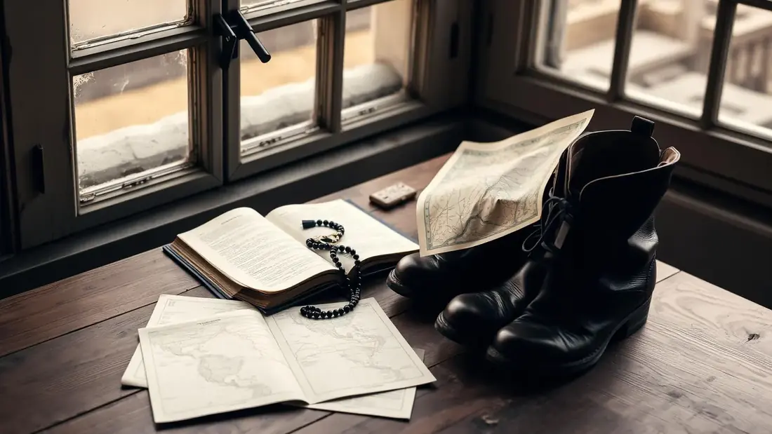 Cuaderno de viaje, rosario y botas sobre una mesa de madera