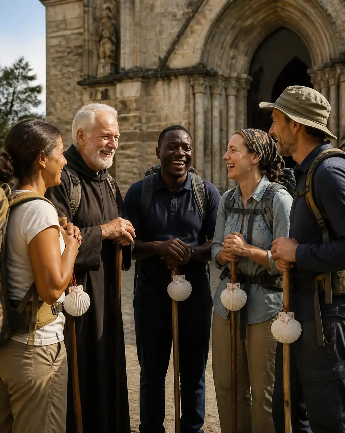 Grupo de peregrinos con bordones conversando frente a un templo de piedra
